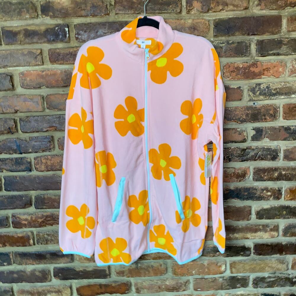 NWT BP Groove Daisy Pink Orange Floral Full Zip-Up Sweatshirt Women's Size Small